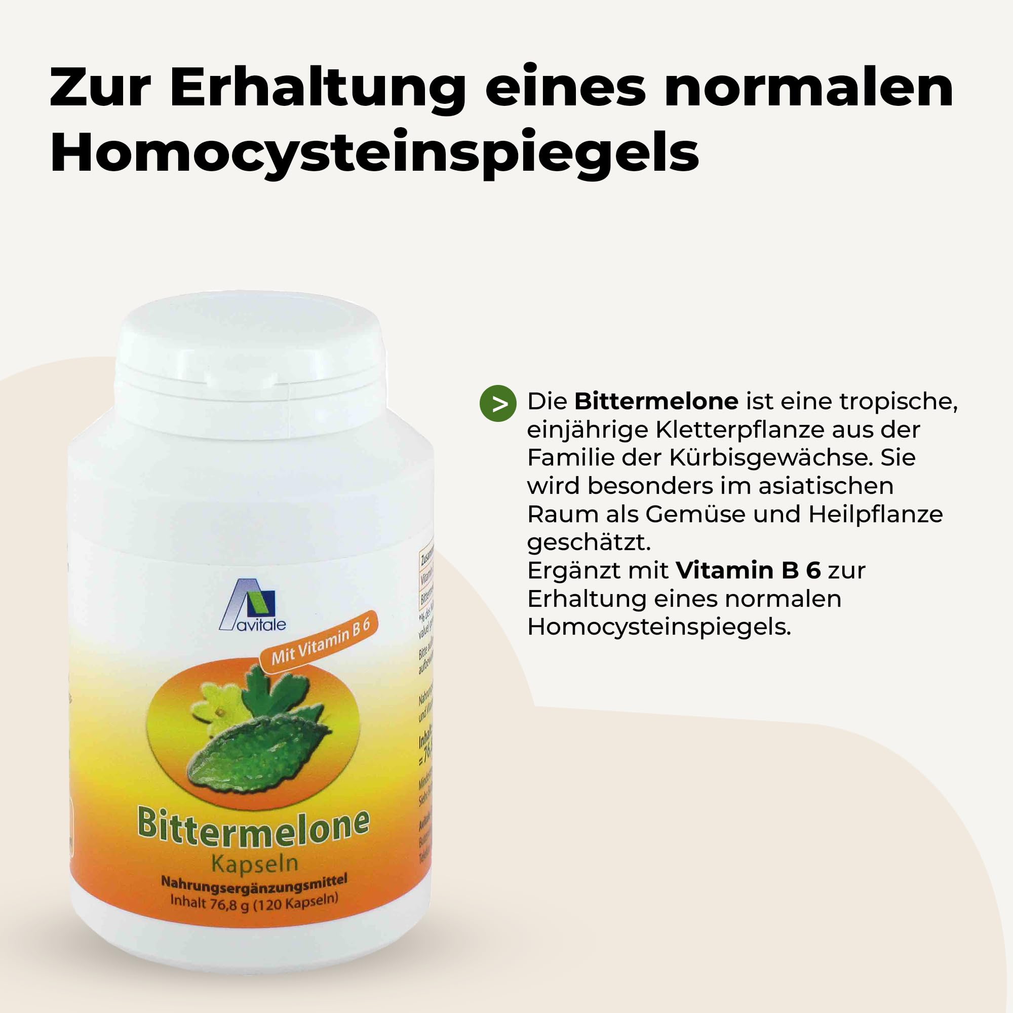 Avitale Bittermelone Kapseln mit standardisiertem Frucht-Extrakt der Bittermelone (Momordica Charantia) u. Vitamin B6 für einen normalen Homocysteinspiegel, 120 Kapseln