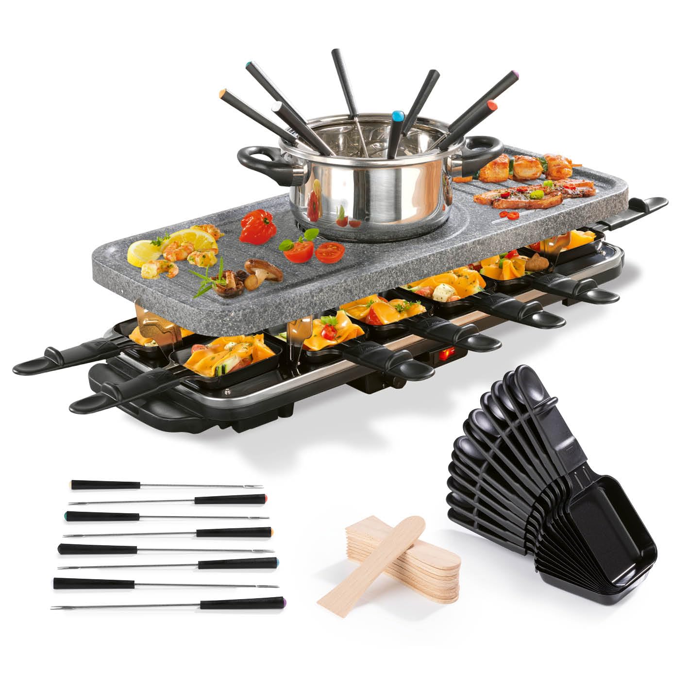 GOURMETmaxx raclette & fondue combi XXL per 12 persone | Griglia per raclette 4 in 1 con padelle, set per fonduta e pietra calda | Griglia elettrica da tavolo con piastra antiaderente [1600 watt].