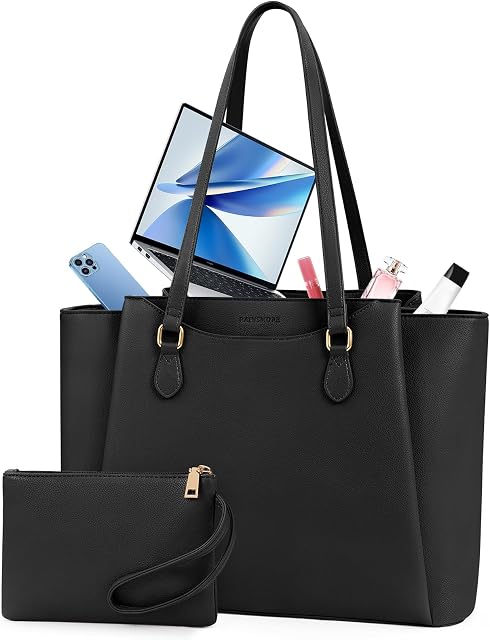 RAINSMORE Sacs pour ordinateur portable pour femmes 15.6 Inch Work Tote Bags Femmes Portable Purse Waterproof PU Porte-monnaie en cuir pour ordinateur de bureau Sac à main femme Travel, Noir