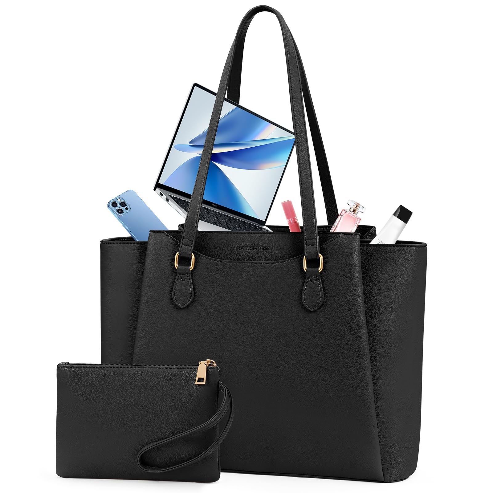 RAINSMORE Handtasche Damen 15,6 Zoll, Shopper Tasche Tote Bag Damen Groß mit Clutch, PU Leder Aktentasche Laptoptasche für Business, Schule, Arbeit, Schwarz