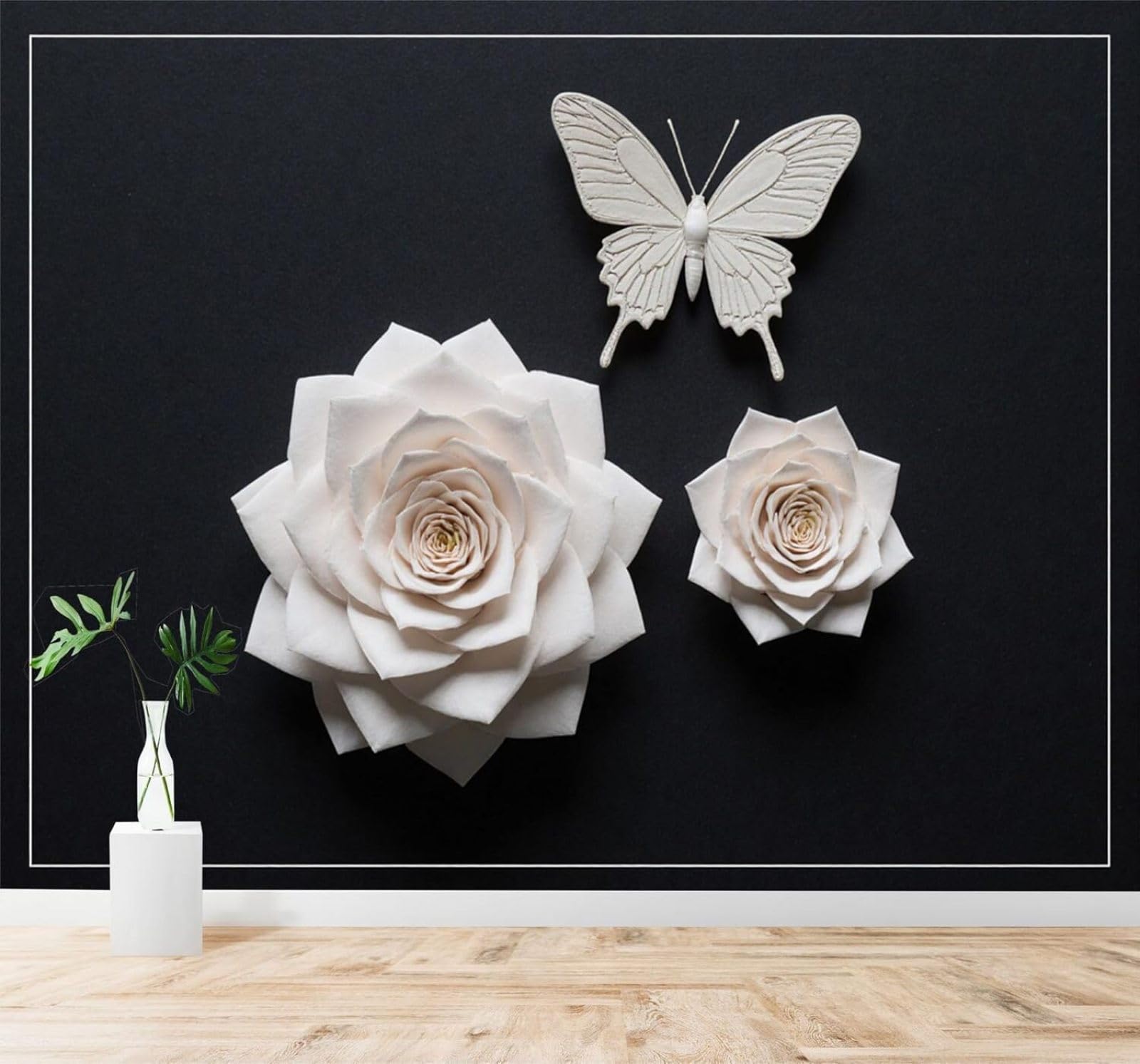 Tzxztt Black Background White Roses Butterflies Elegant Flowers Art Modern 3D Wallpaper Premium Textured Silk Neutral Tones Material Ideal for Living Room Bedroom-350cm×256cm