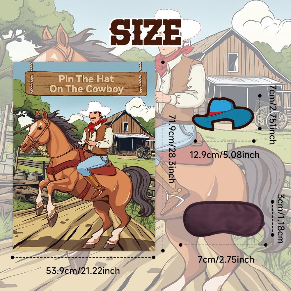 Pin The Hat on The Cowboy Party Games - Western Birthday Party Decorations Horse Theme Poster with 24 Stickers & 2 Eye Masks Wall Game Photo Background for 24 Players