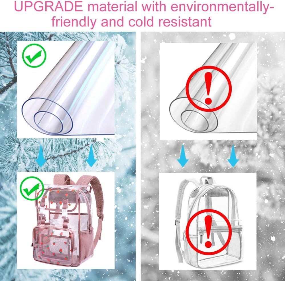 17" Strawberry Clear Backpack for Girls - 3Pcs Flip Design Stadium Approved Set, Campus/School Transparent Bookbag (Pink)