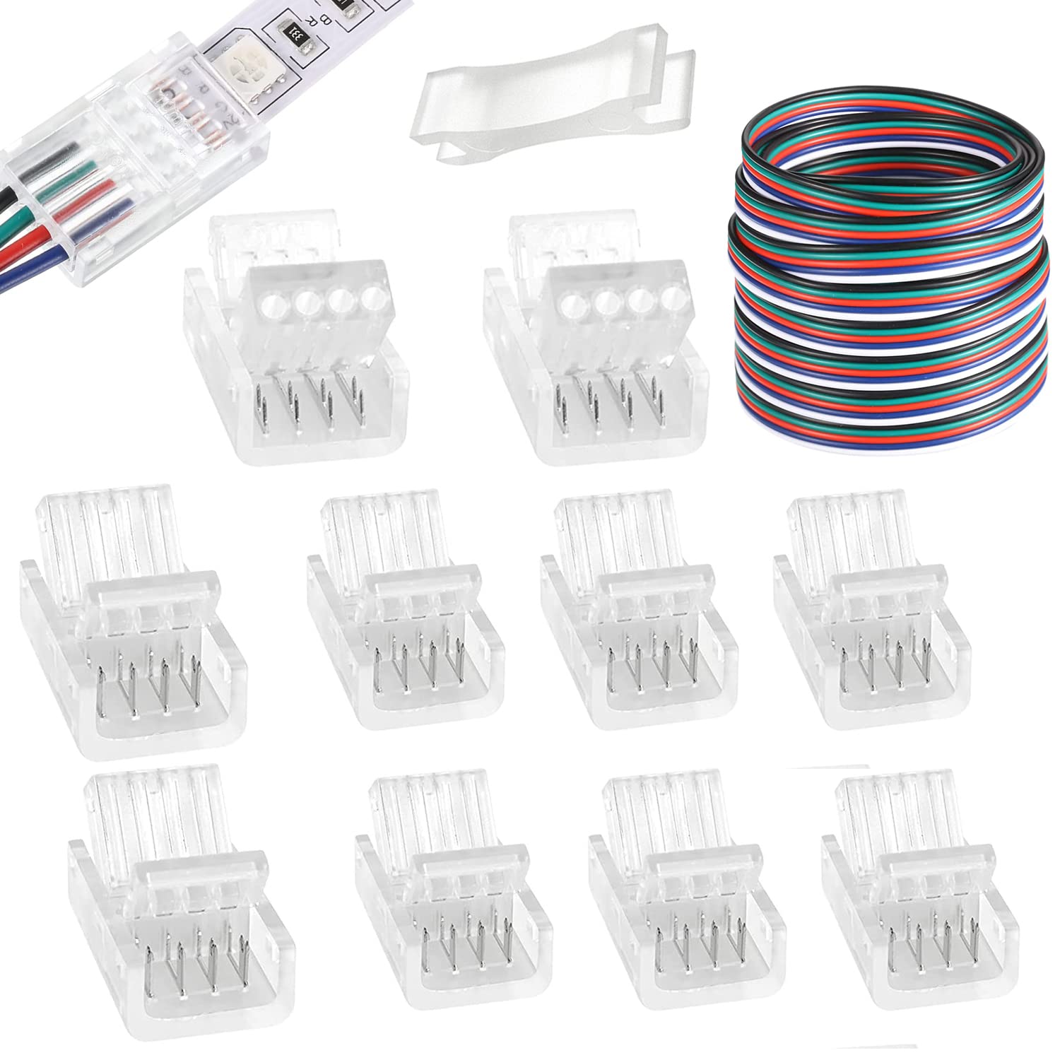 Yutokeer Multicolor 4 Pin Led Connectors 10Mm Wide Unwired Gapless Solderless Strip To Wire Quick Connectors Adapter With 5M Extension Cord For Waterproof Or Non-Waterproof 5050 Rgb Led Strip Lights-10Packs