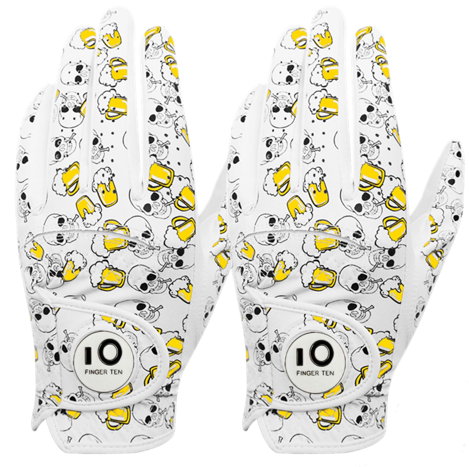 FINGER TEN Golf Gloves Men Left Hand Cabretta Leather with Ball Marker All Weather Soft Relaxgrip Value 2 Pack
