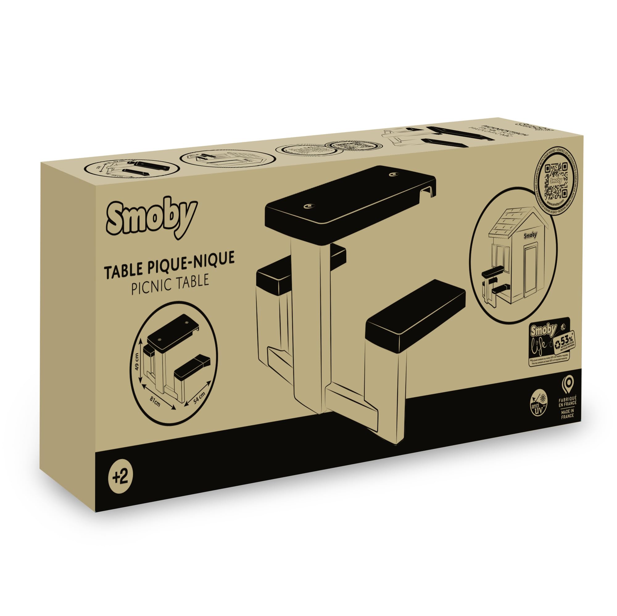 Smoby Life - Table Pique Nique - 2 Bancs - Compatible avec de Nombreuses Maisons - Matière Recyclée - A Partir de 2 Ans - Fabrication Française