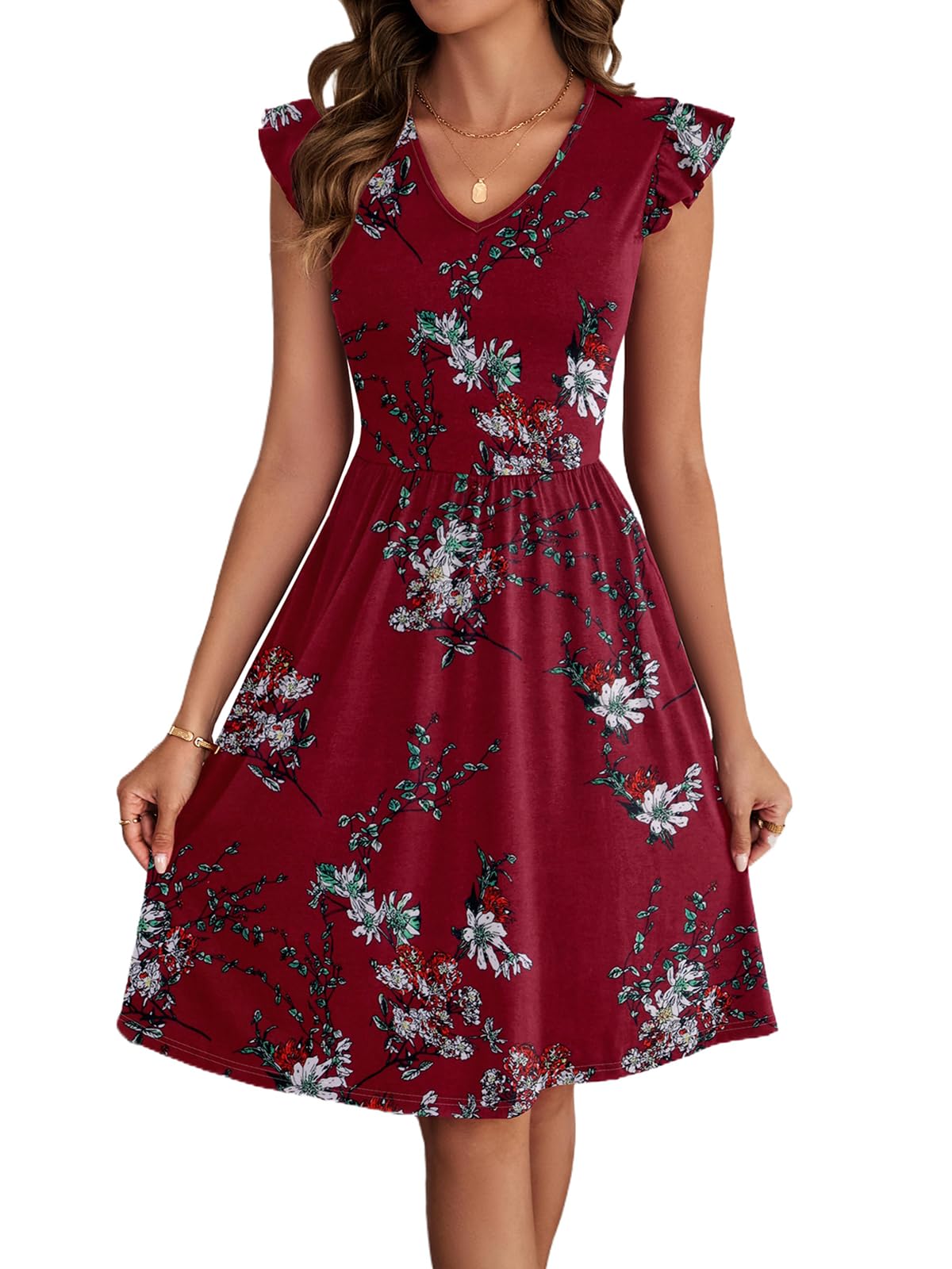 HELYO Women's Summer Dresses Cute V Neck Ruffle Sleeve Cocktail Short Work Casual Dress with Pockets 648