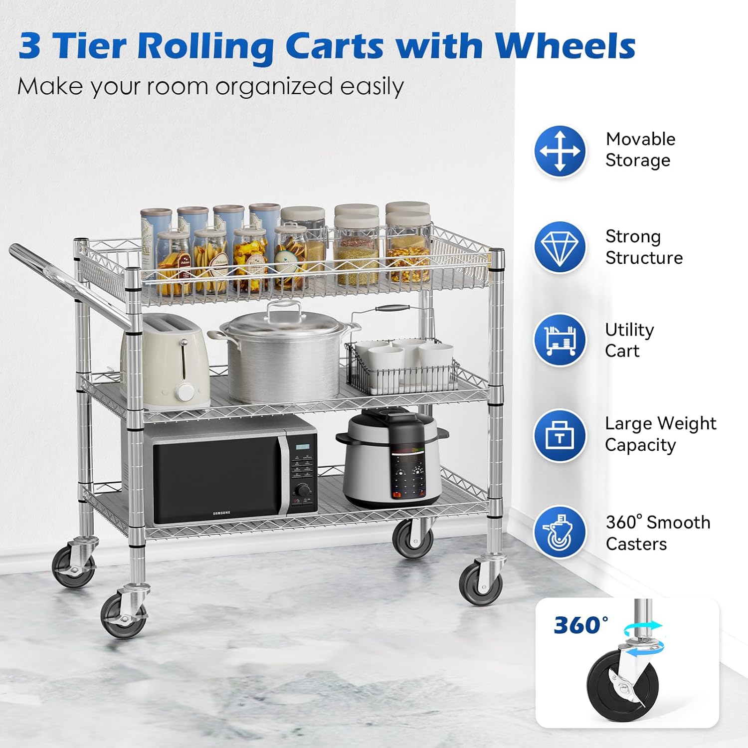 NTE Utility Cart with Wheels, 990lbs Capacity Metal 3 Tier Rolling Carts, NSF Kitchen Carts On Wheels with Storage, Heavy Duty Utility Cart with Handle & Wire Shelf for Indoor & Outdoor Use, Silver