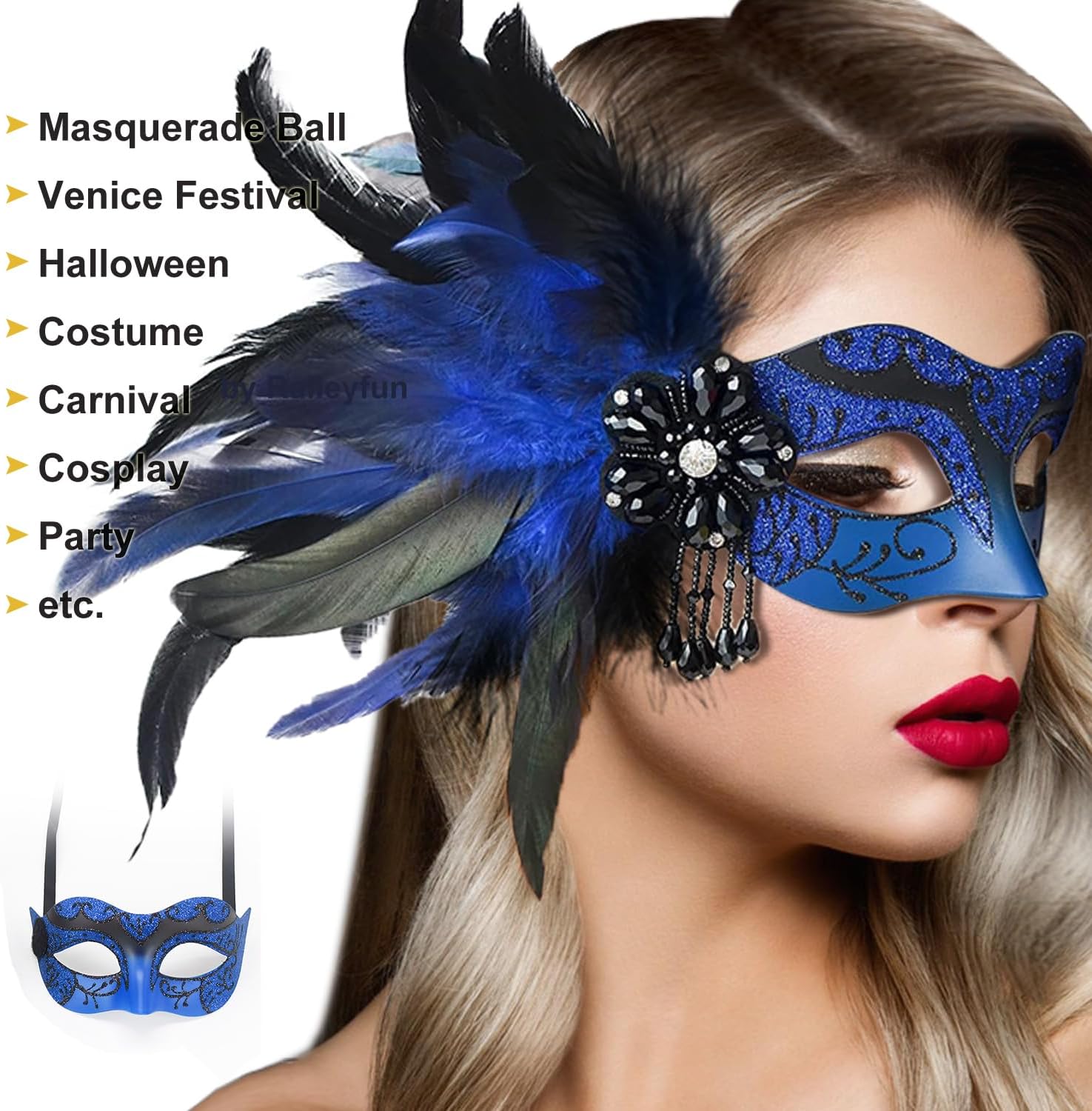 Masquerade Mask for Women Shiny Venetian Mask for Halloween Mardi Gras Costume Party Ball with Feather flower dec. - Image 6