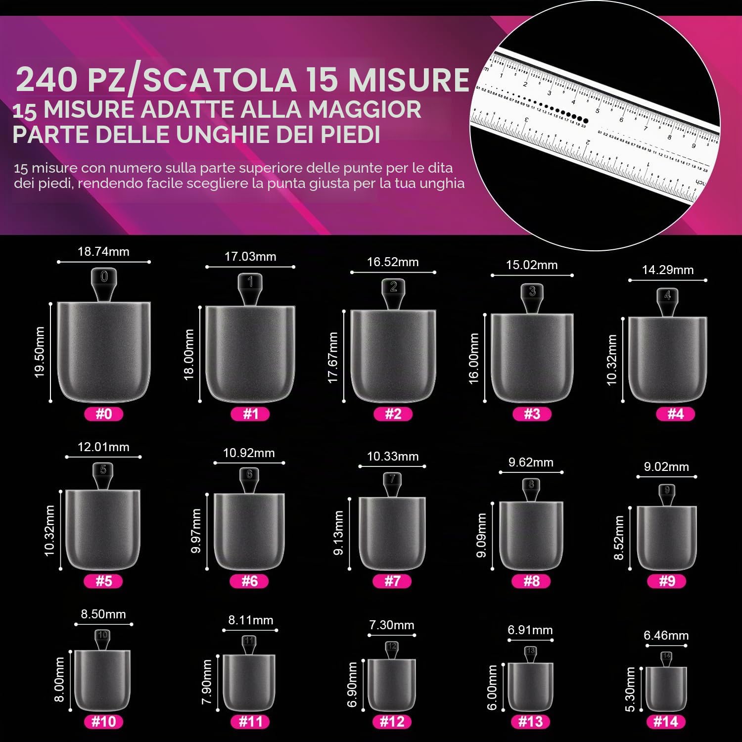 AIMEILI Unghie Finte Piedi 240 Pezzi 15 Misure Soft Gel Tips Full Cover Unghie Artificiali Piedi Toe Nails Punte Gel Tip Fake Nails con Scatola Trasparente - 020