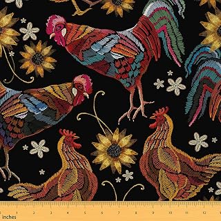 Chicken Print Fabric by The Yard,Farm Animals Upholstery Fabric for Chairs Sofa Couch, Botanial Sunflower Outdoor Fabric Waterproof, 1 Yard, Red Black Yellow