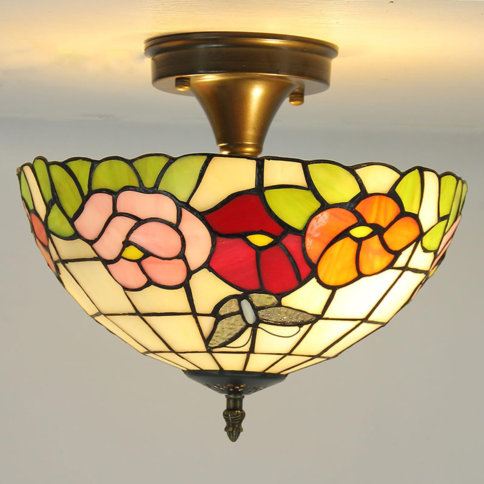 WDBZTJ Tiffany Style Ceiling Light Flush Mount, 12 inch Stained Glass Ceiling Lamp, E27 Bulb, Vintage LED Chandeliers for Living Room Bedroom(C4)