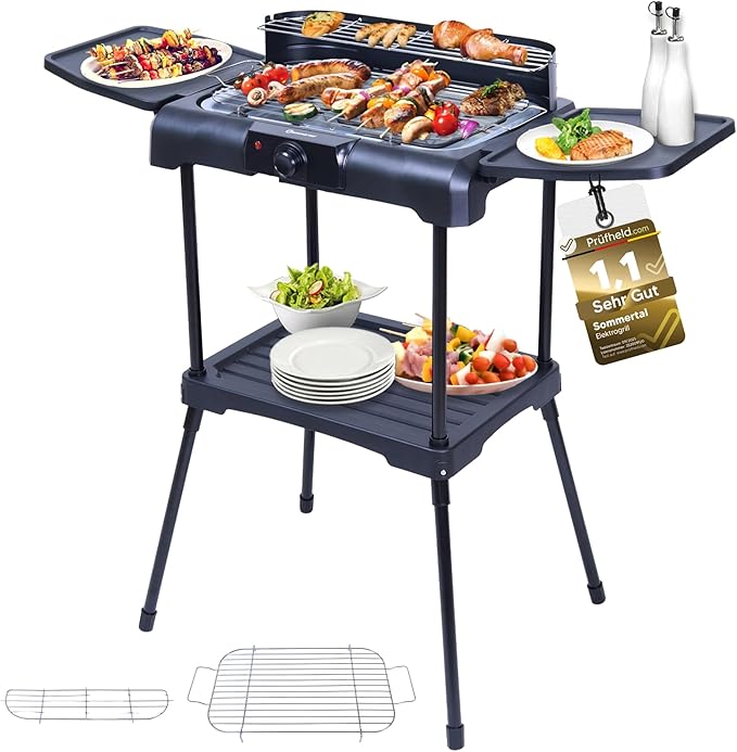 Sommertal BBQ231 Barbacoa eléctrica | Balcón | 2200W | Camping Grill | Barbacoa de mesa 2 en 1 con soporte, regulador de temperatura sin niveles, superficie de almacenamiento, calentamiento rápido