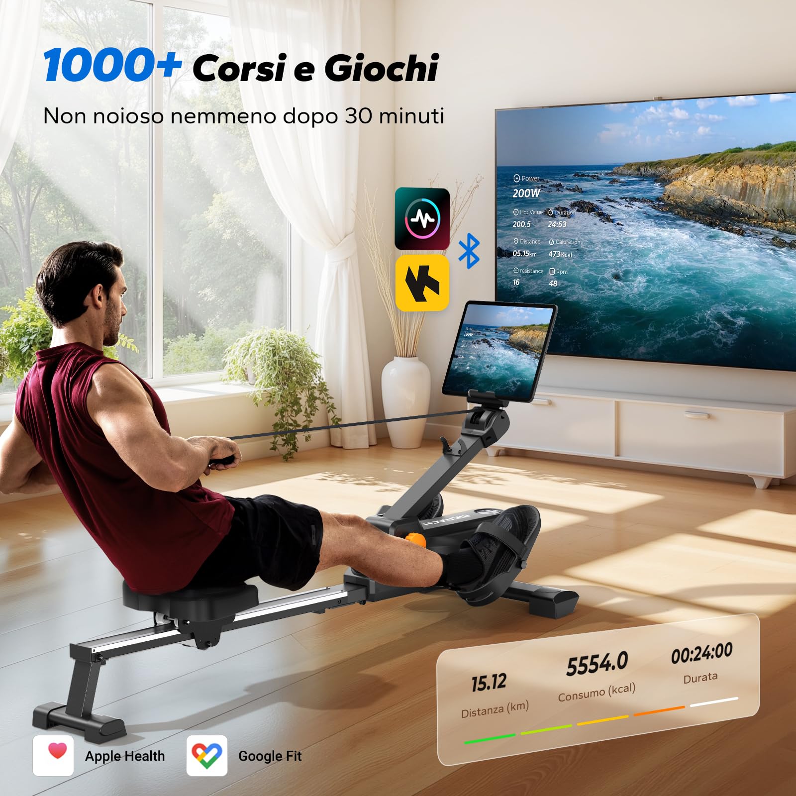 MERACH Vogatore per Casa con Mappa Interattiva Esclusiva e Giochi nell'APP, Aspetto Simile a uno Squalo, Esperienza di Remata Intensa, Salvaspazio, Adatto per l'Allenamento Completo del Corpo