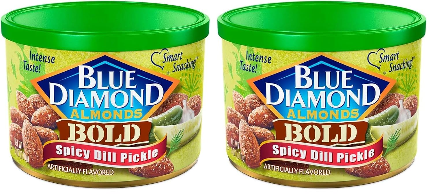 Blue Diamond Almonds Spicy Dill Pickle Flavored Snack Nuts, 6 Oz Resealable Can (Pack of 2)