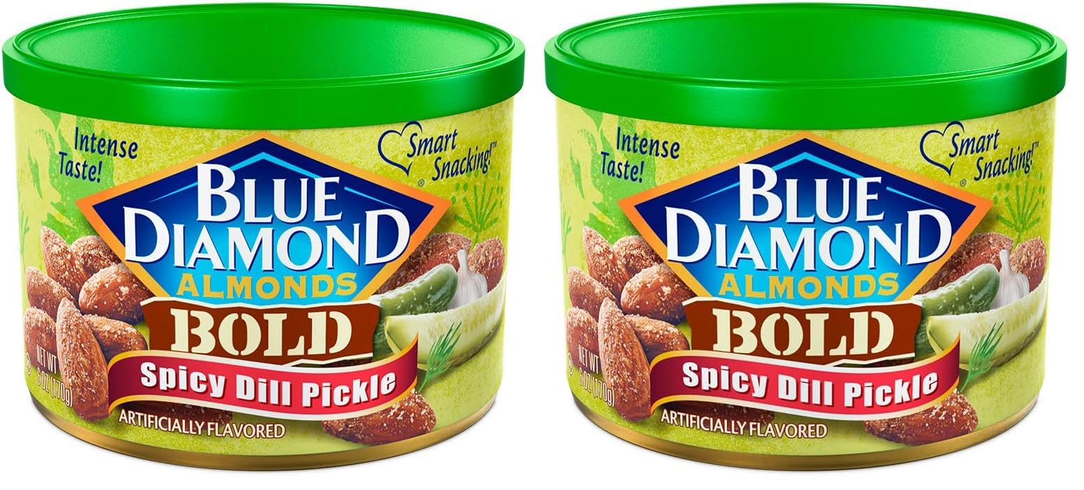Blue Diamond Almonds Spicy Dill Pickle Flavored Snack Nuts, 6 Oz Resealable Can (Pack of 2)