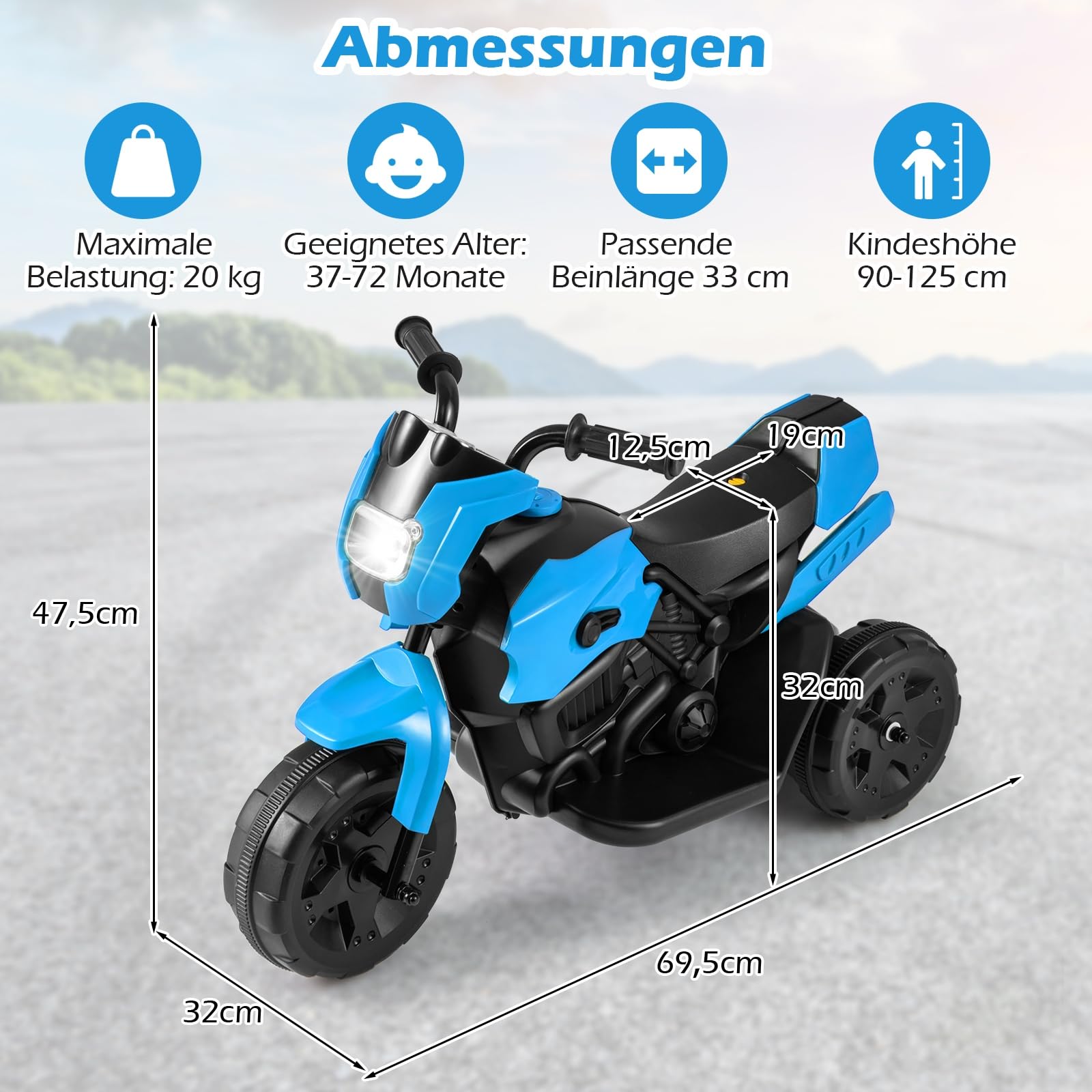 COSTWAY Kinder Elektro Motorrad, 6V Kindermotorrad elektrisch mit LED-Scheinwerfer & Fußpedal, 2-3 km/h, Dreirad Elektromotorrad für Jungen & Mädchen ab 3 Jahren (Blau)