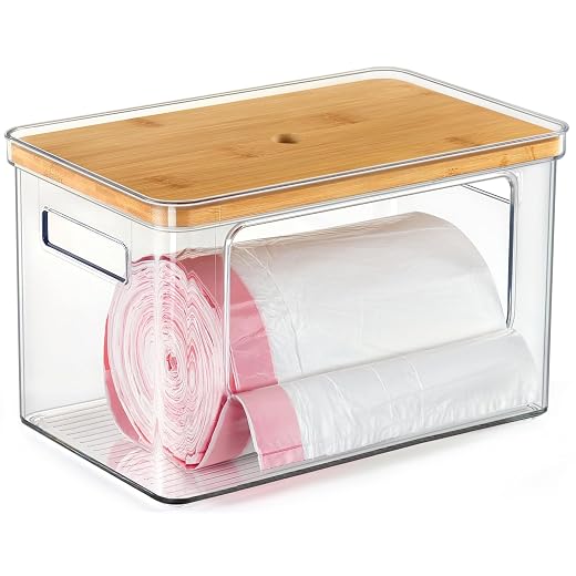 Hudgan Plastic Clear Storage Container | Kitchen, Laundry Room | Stackable, Storage with Bamboo Top | Extra Large Trash Bag, Garbage Bag | Dispenser