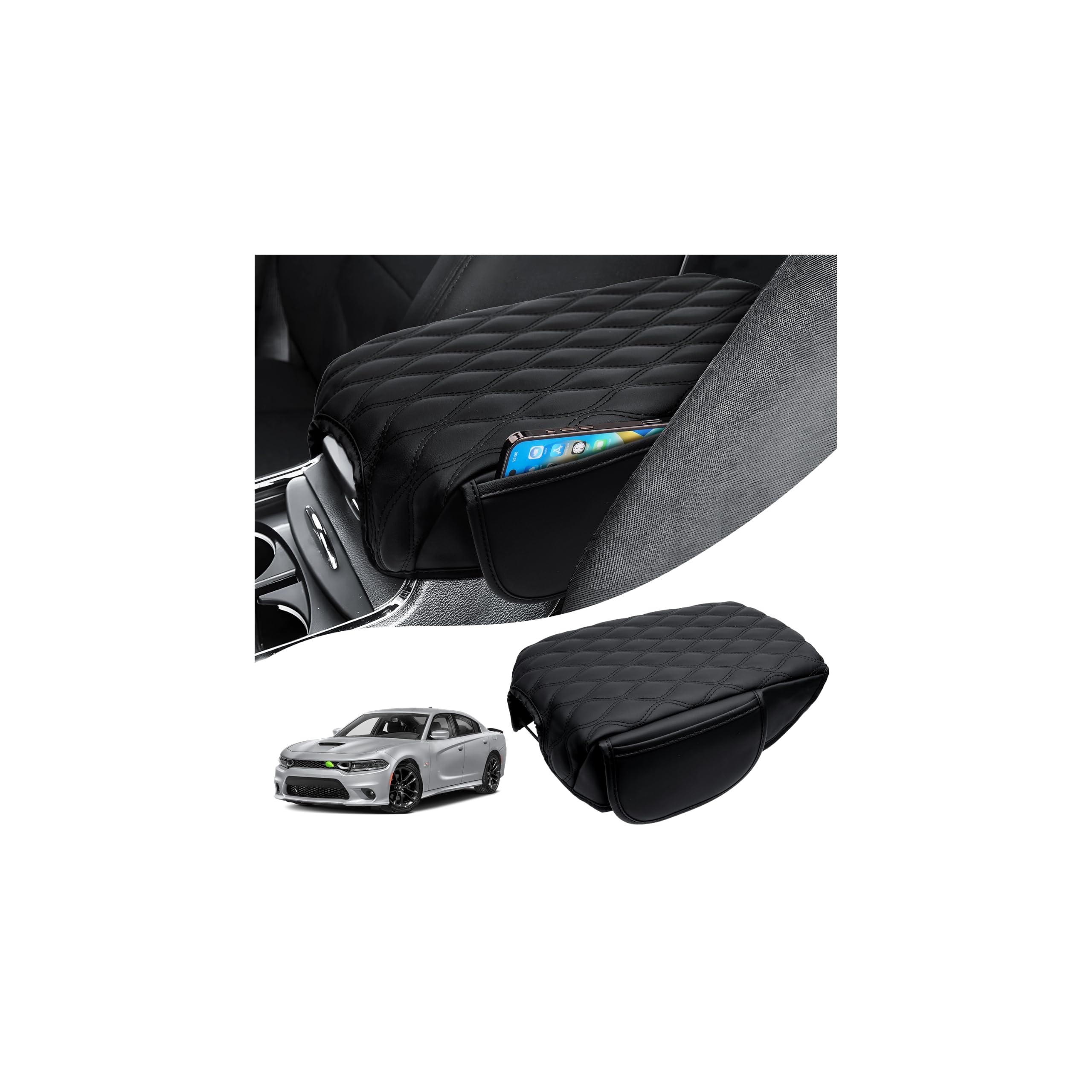 Autorder Center Console Cover for 2011-2023 Dodge Charger/Chrysler 300 2015-2022 Accessories Armrest Leather Cushion Cover with Pockets Storage Bag Anti-Scratch Armrest Pad for Pet
