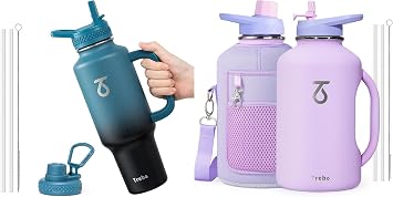 Trebo Water Bottle Insulated with Handle,40oz Bottle that Fits in Car Cup Holder & 64oz Water Bottle Insulated with Handle,Double Wall Vacuum Stainless Steel Metal Large Jug with Straw Spout Lids