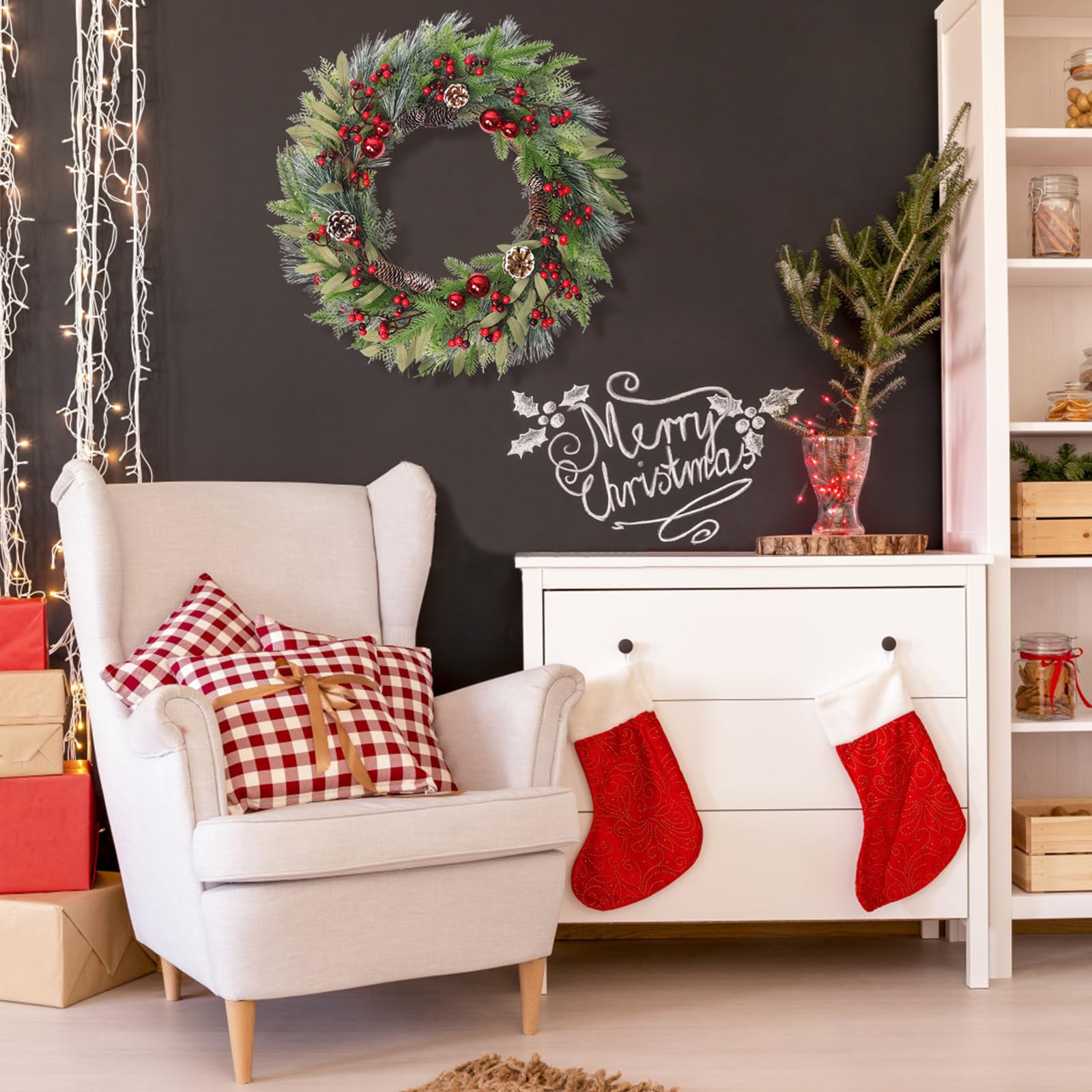 Weldomcor 60CM Weihnachtskranz Türkranz, Groß Weihnachtsgirlande Tannenkranz mit Weihnachtskugeln Kiefernzapfen Beere für Haustür Kamin Wanddekoration