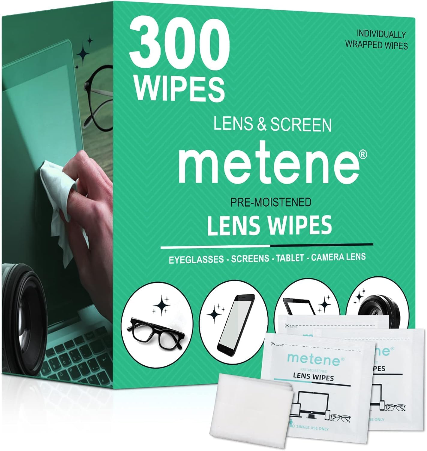 Metene Lens Cleaning Wipes, 300 PCS Individually Wrapped Glasses Wipes, Pre-Moistened Lens Wipes, Great for Eyeglasses, Camera Lens, Tablets, TV, Phone, Computer Screen, Car Rearview Mirror and More