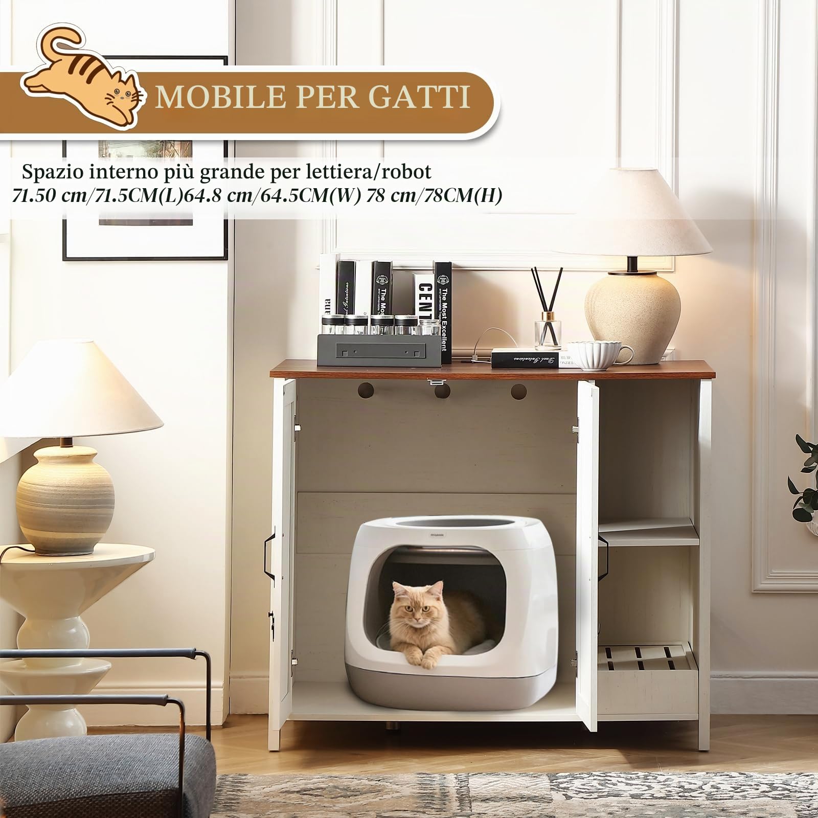 FOREST GRAVITY Cat Cabinet Litter Box Furniture Mobiletto per gatti lettiere Grande lettiera per gatti Arredamento moderno 105 * 68 * 89 cm Casa con porta e divisorio separato Bianco
