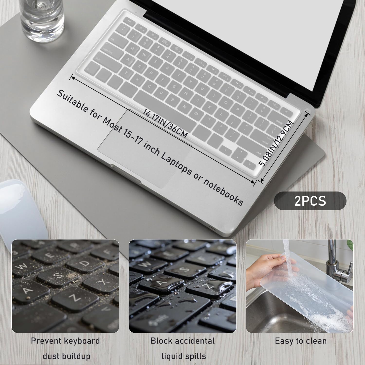 SYNTHORA Laptops 2pcs Clear Keyboard Cover Skin, Ultra Thin Silicone Waterproof Dustproof Protector for 15-17 Inch Laptops Keyboards, Washable Transparent Keyboard Skin (L:14.17" x W:5.08")