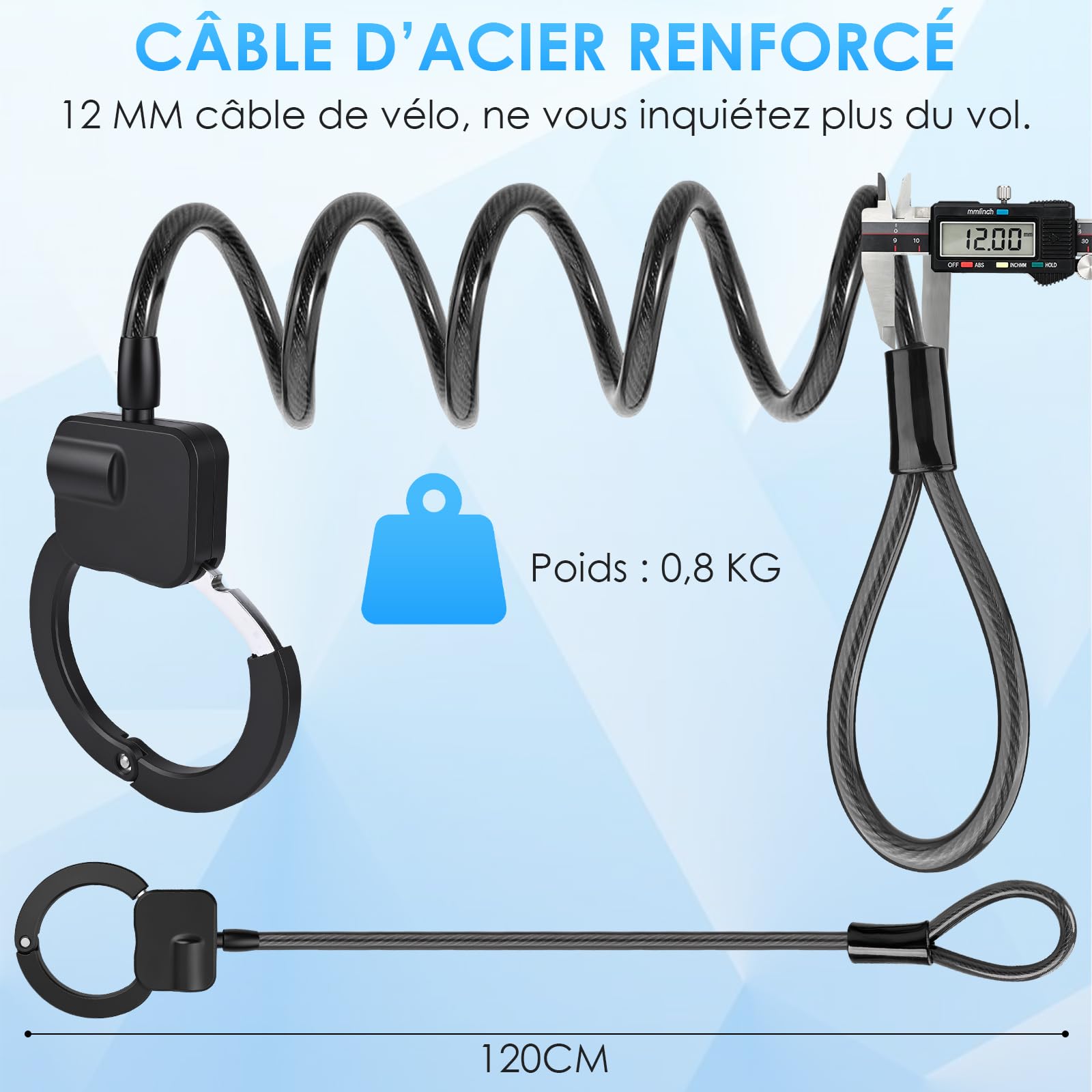Antivol Trotinette Electrique, 1.2m Antivol Velo, Câble Antivol à Clef avec Menotte, Cadenas Trottinette Électrique pour Trottinettes, Vélos, Poussettes