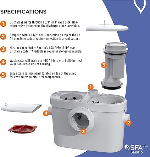 Miniatura 33 de SFA SANIFLO - Saniplus - Bomba maceradora - Aplicaciones de baño completo - Doble propósito - Acero inoxidable endurecido - Certificado CSA
