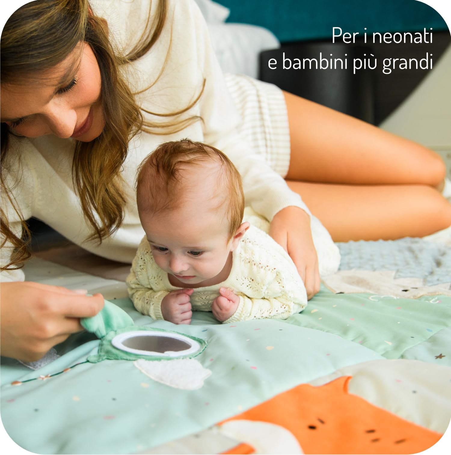 Momi VOLPI Palestrina sensoriale per neonati e bambini piccoli 120 x 160 cm, tappetino da gioco e coperta per gattonare per bambine e bambini, pieghevole a forma di borsa con maniglie per il trasporto