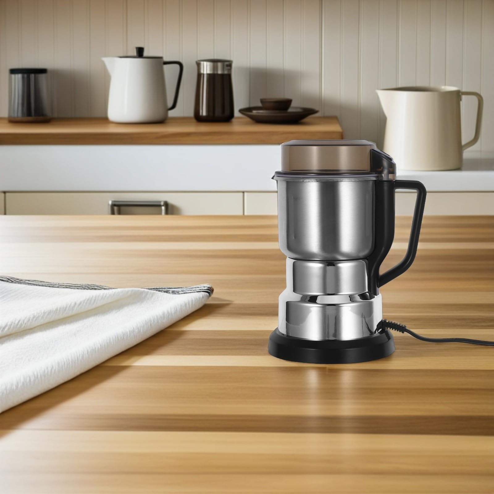 SOLUSTRE Molinillo Eléctrico de Cereales y Café con Motor, Capacidad 600g, Diseño Compacto de Acero Inoxidable para Cocinas Pequeñas y Apartamentos