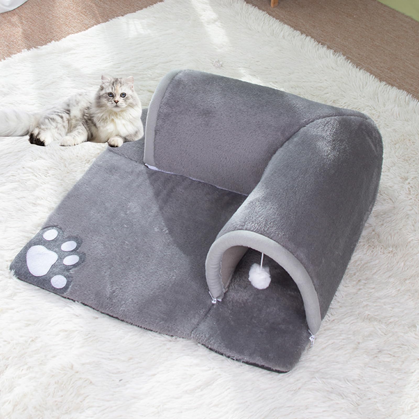Tunnel Letto 2 In 1 Per Gatti – 50x50 Cm Con Tappeto Lavabile E Pallina Sospesa, Rosa, Adatto A Gatti, Cuccioli, Conigli E Furetti