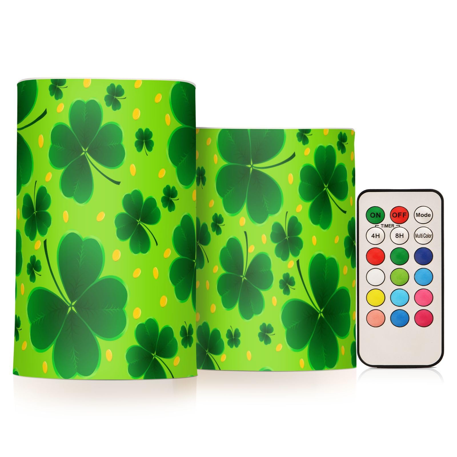 ALAZA St Patricks Day Shamrock Clover Flickering Flameless Candles Battery Operated with Remote Timer,Tea Light Candles LED Pillar Votive Candles Set of 2 for Outdoor Indoor Decorations7