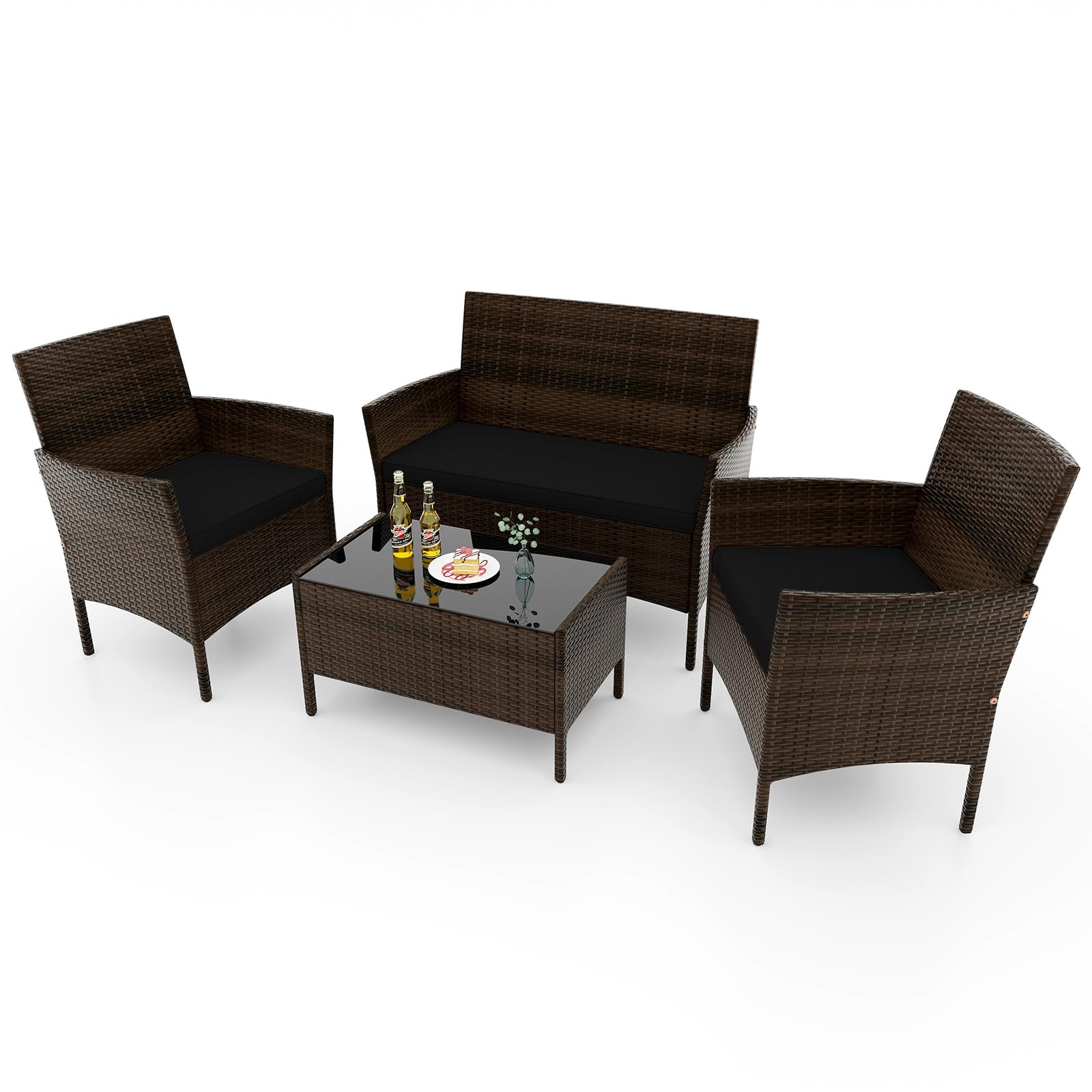 Giantex Set di mobili da giardino in rattan, 4 pezzi, con divano a 2 posti, tavolo e 2 sedie, mobili da terrazza con cuscini per 4 persone, per esterni, per balcone, terrazza e giardino (nero)