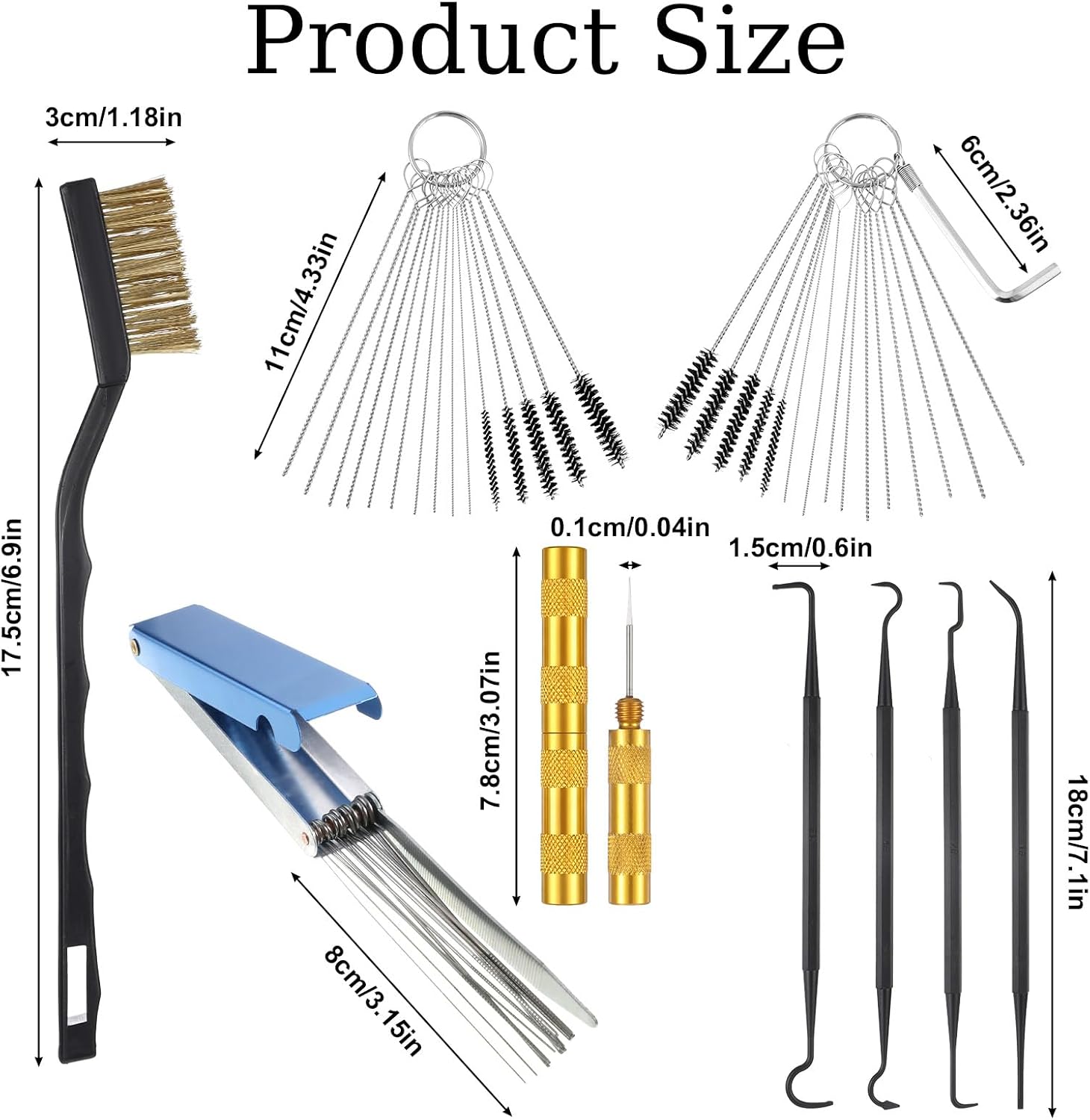 Carburetor Cleaner Kit, Stainless Steel Torch Tip Cleaner with 1 Single Head Brush 20 Cleaning Needles 10 Nylon Brushes 1 Hexagonal Wrench 1 Scraper and 4 Cleaning Hooks 1 Case for Motorcycle ATV