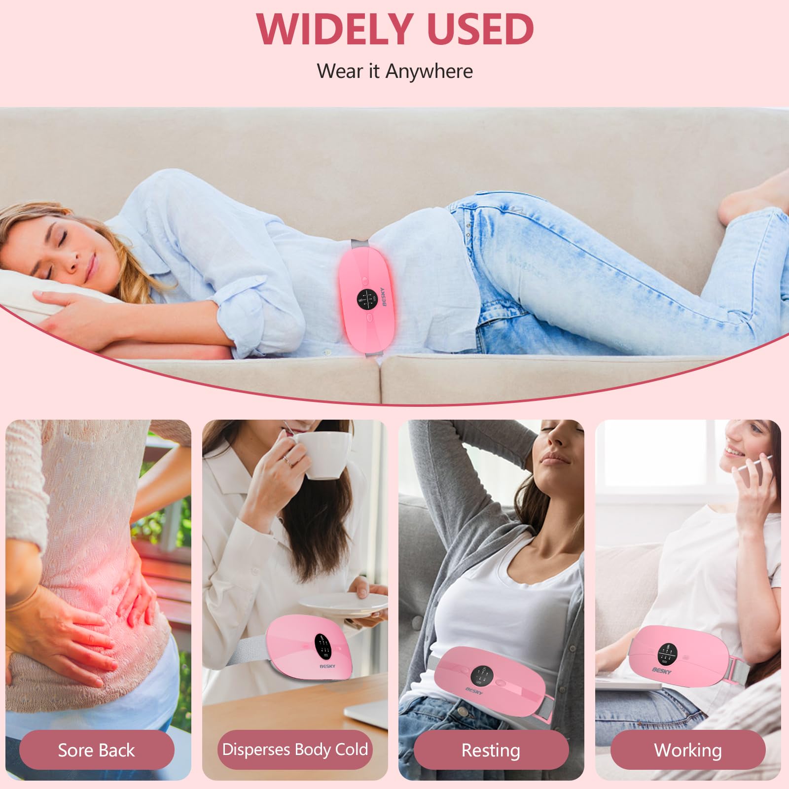 Besky Almohadilla térmica para calambres menstruales, almohadilla térmica menstrual inalámbrica, almohadillas térmicas con 3 niveles de calor y 3 modos de masaje, para aliviar el dolor de espalda o
