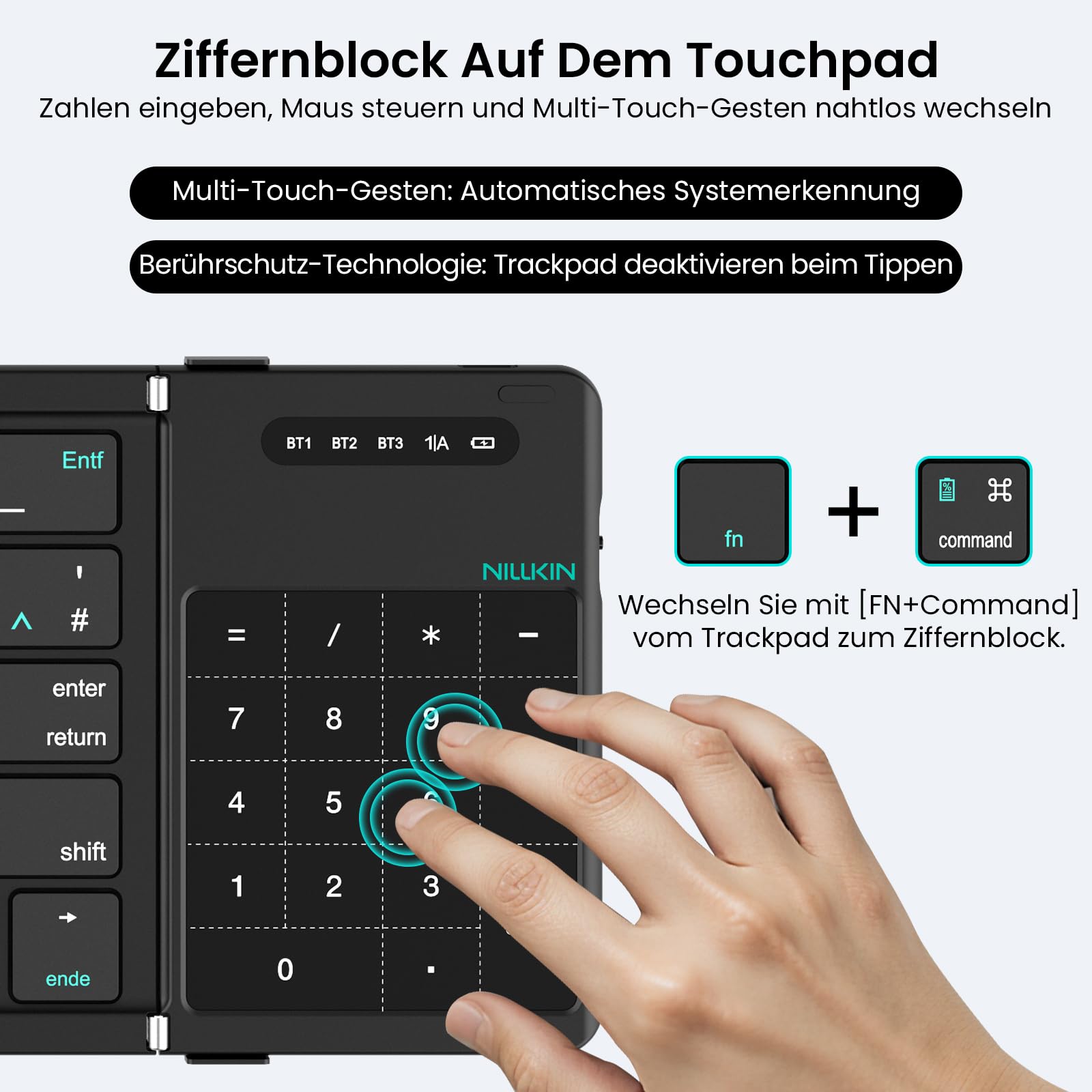 Nillkin Faltbare Bluetooth Tastatur mit Touchpad, Wiederaufladbare QWERTZ-Klapptastatur mit Ziffernblock, Tragbare Mini-Tastatur für iPad, iOS, Android und Windows Laptop & Tablet, Leder-Schwarz