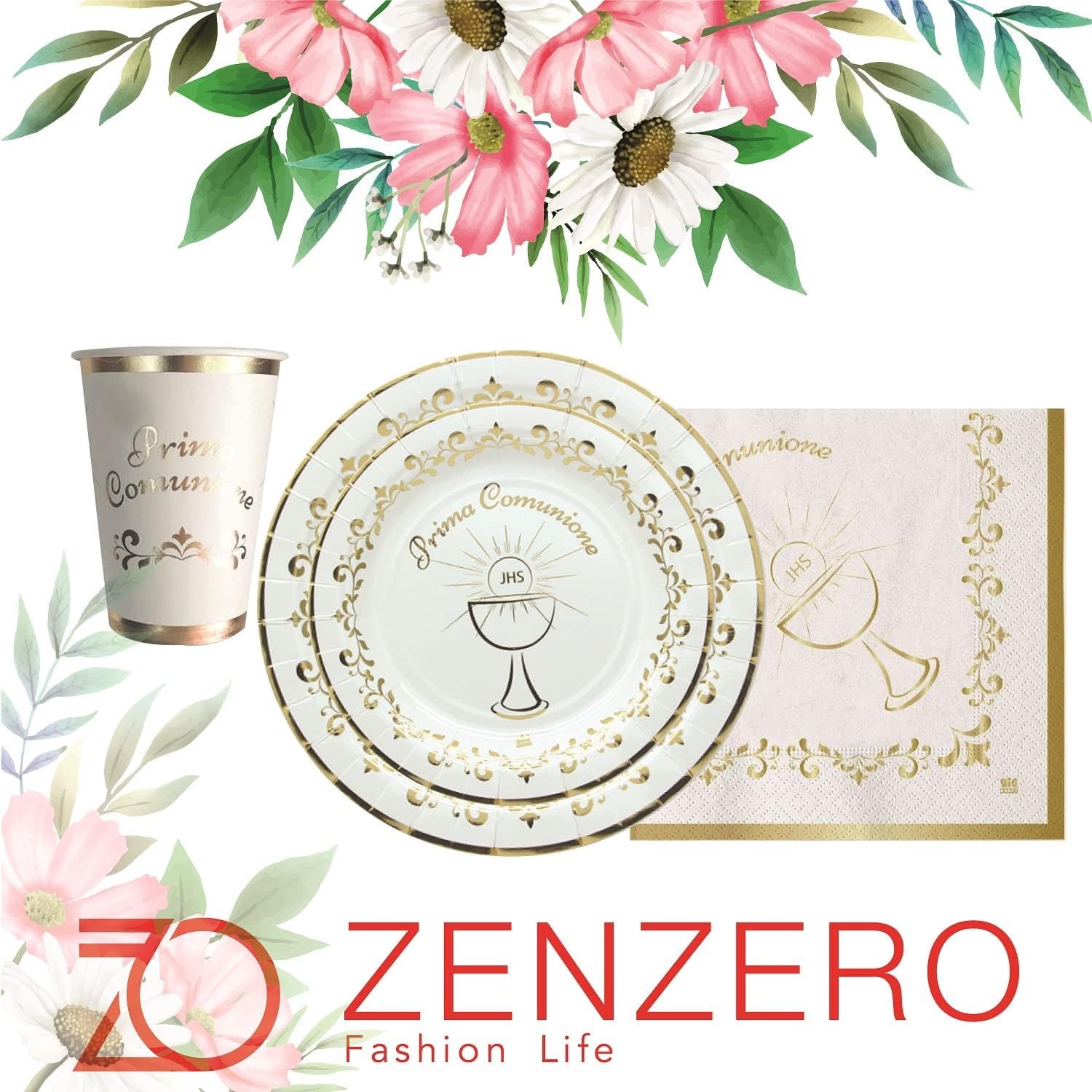 ZENZERO® - KIT COMPLETO per FESTA di Prima COMUNIONE - 16 Tovaglioli di Carta, 12 Bicchieri di Carta, 12 Piatti, 12 Piattini - ( 3 Kit - 156 pezzi)