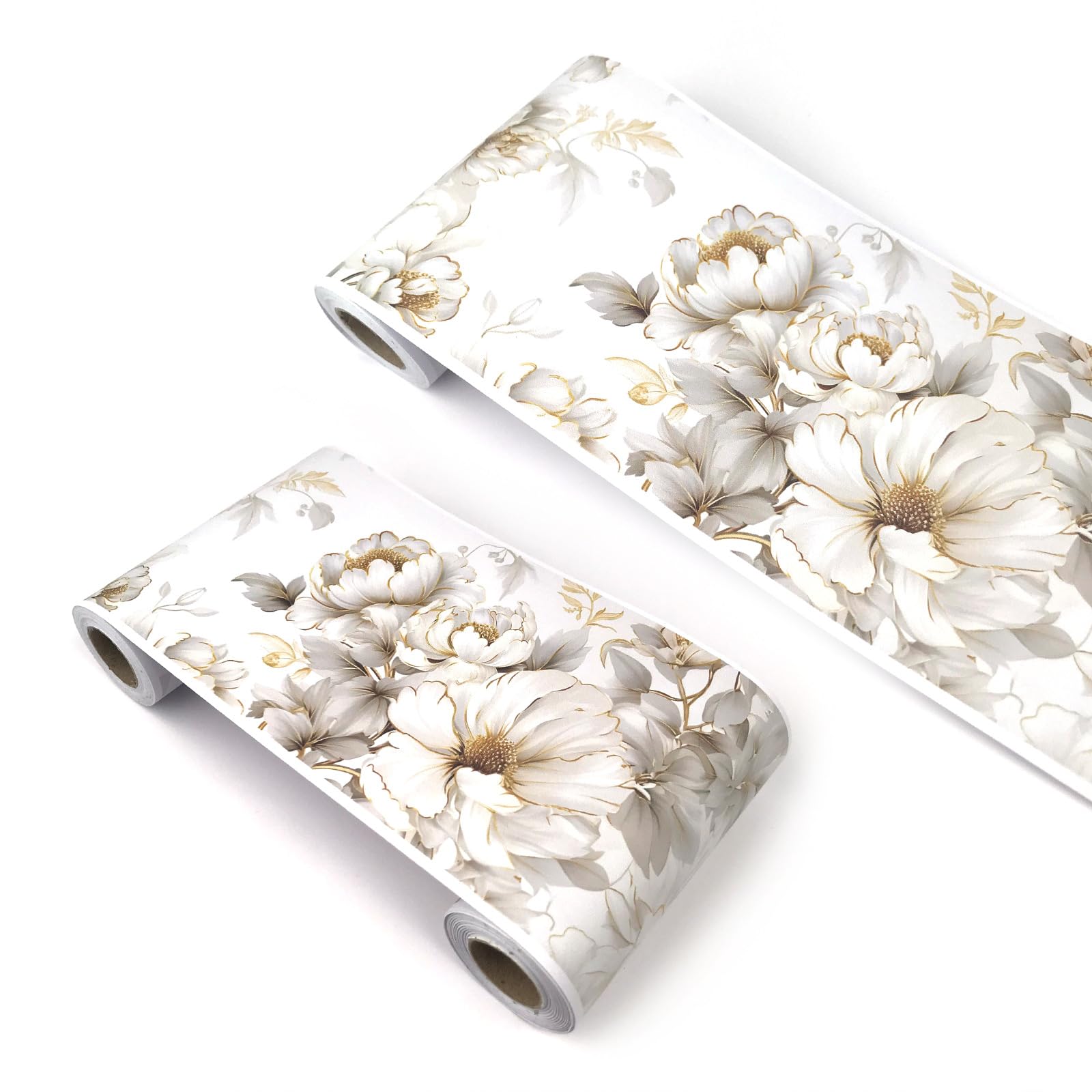 VisitRyl self Adhesive Wallpaper Border wall Tiles Decorative, Peel and Stick wall Border Bathroom Stickers Cartoon Children's RoomWhite Gold Edged Peony Flower YX111 12cm X 1000cm