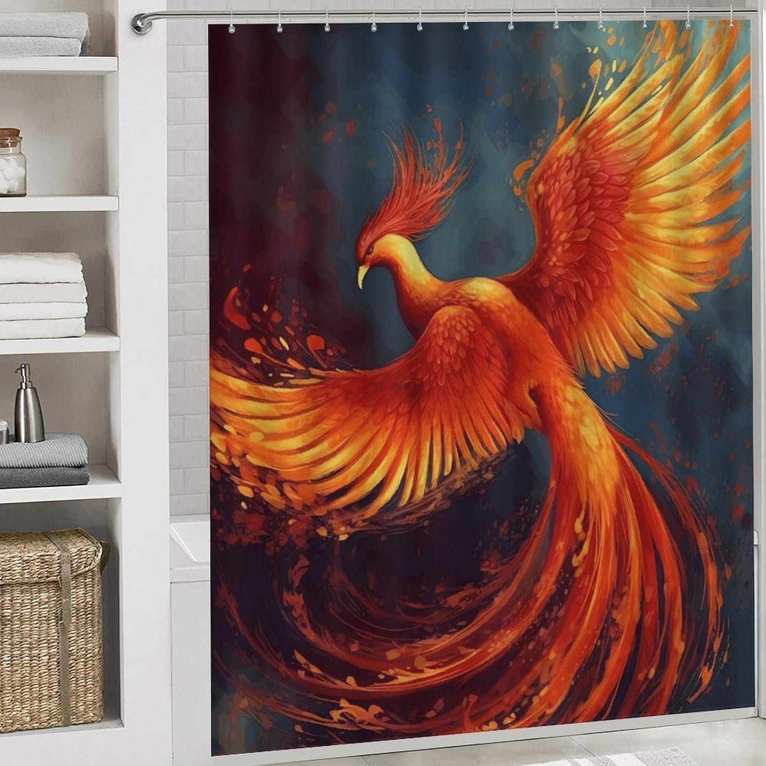 Orange Red Phoenix Shower Curtain Set 4 Piece, Non-Slip Bath Mat with Toilet Lid Cover and Waterproof Shower Curtain with 12 Hooks, Complete Bathroom Set for Home Decor