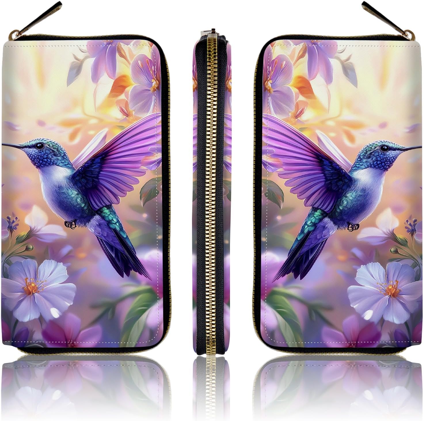Women's Wallets,PU Leather Wristlet Wallet for Women,Card Holder Organizer Ladies Clutch with Zipper & Phone Holder-Purple Hummingbird