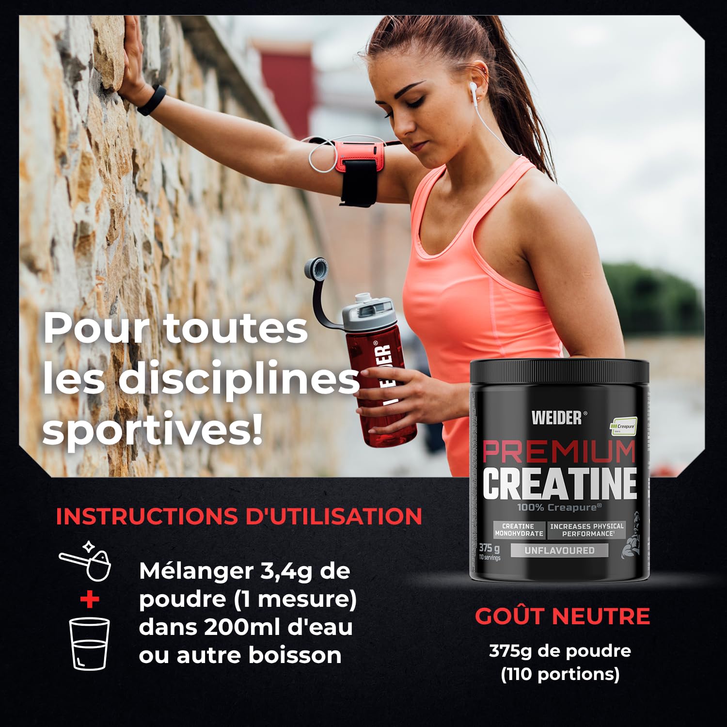 Weider Premium Creatine (375g) Goût Neutre. 100% Monohydrate de Créatine Creapure, Sans Sucre, Vegan, Augmente la Performance Physique (110 portions)