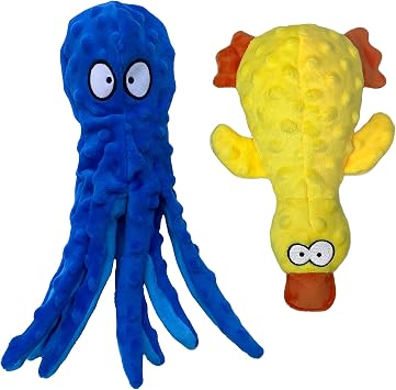 Squeaky Dog Toys for Small, Medium and Large Breeds - Tough, Durable and Soft Crinkle Plush Puppy Toys for Boredom Octopus+Ducky 2pack