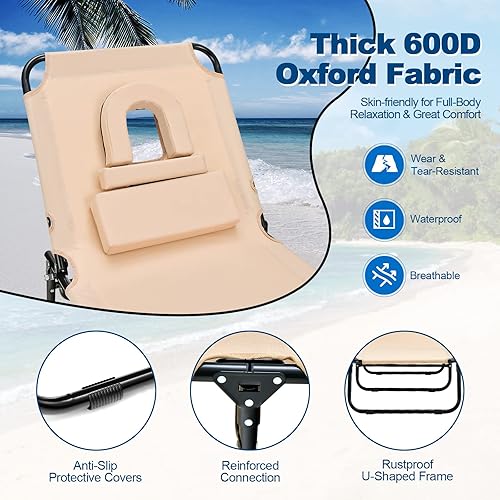 Miniatura 5 de Goplus Silla bronceadora, silla de playa plegable con orificio para la cara, almohada extraíble, capacidad de 350 libras, correa de transporte,