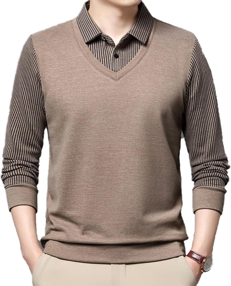 XTEES Men's Warm Anti-Wrinkle Fake 2-Piece Knitted Shirt, Fleece Thickening Business Casual Sweater for Autumn Winter