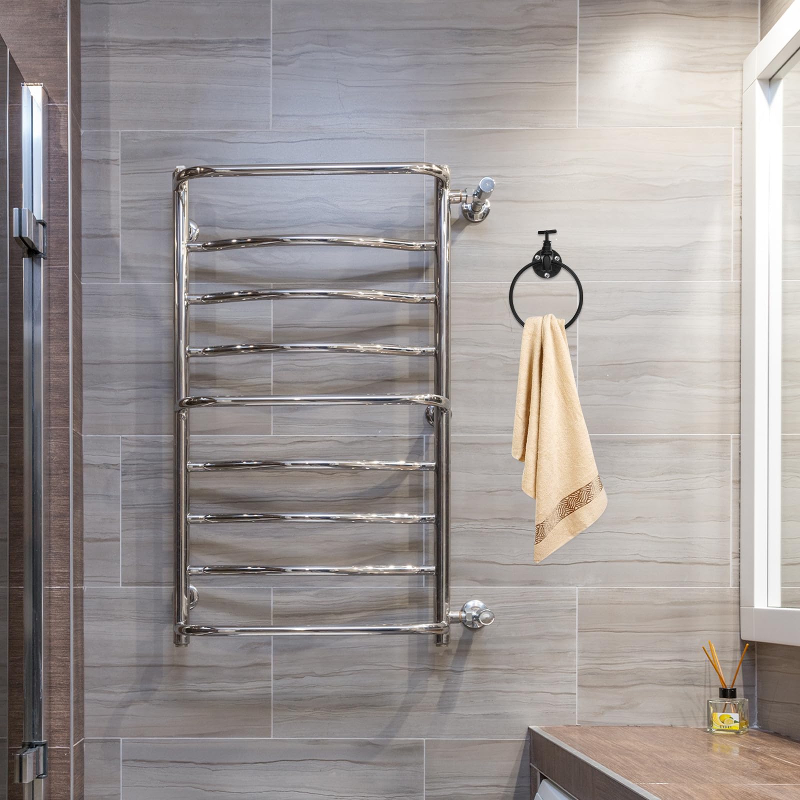 Cabilock Portasciugamani da Parete per Bagno Anello Rotondo Porta Salviette Design Industriale Moderno Resistente in Ferro Rivestimento Nero
