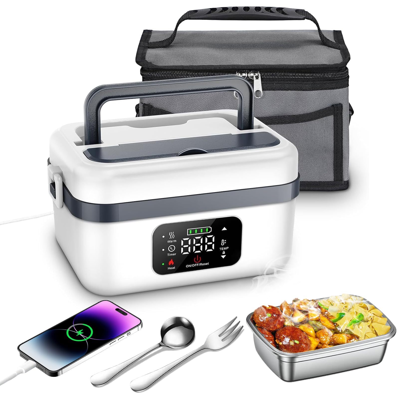 1L Gamelle Chauffante Batterie,Lunch Box Chauffante Batterie,Préchauffage,Fond Scellé Joint Caoutchouc, Démontable Lavable,Étudiants/Salariés/Chauffeurs/Ouvriers du Bâtiment (Blanc)