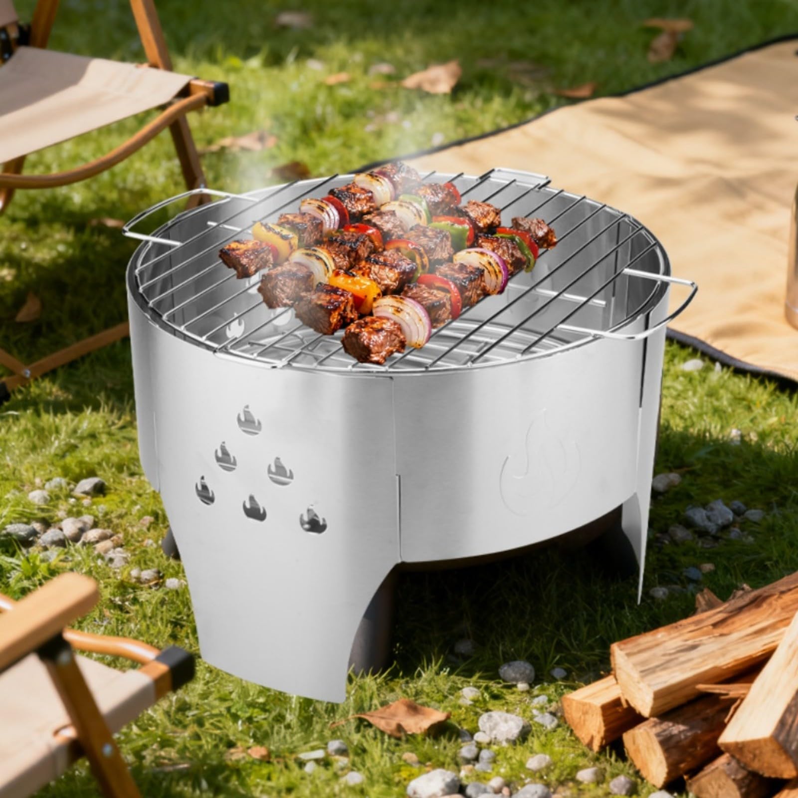 Griglia portatile in acciaio inox, per barbecue da 40 cm, leggera, con borsa per il trasporto, braciere multifunzione a legna e carbone per campeggio all'aperto e feste in giardino, argento