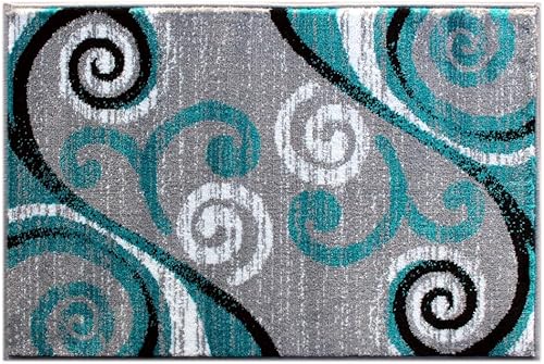 Masada Rugs, Stephanie Collection - Alfombra de área moderna y contemporánea, 1100, turquesa, gris, blanco, negro (2 pies x 3 pies)